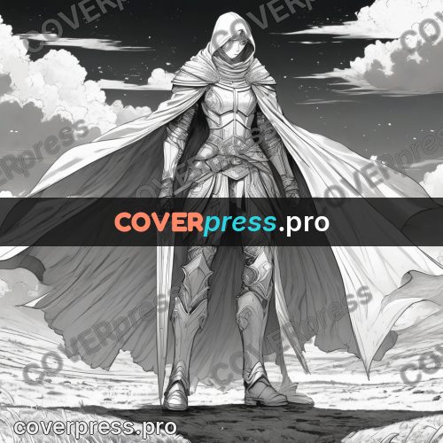 Anime line art: figure in a cloak and armour