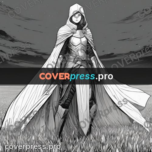 Anime line art: figure in a cloak and armour