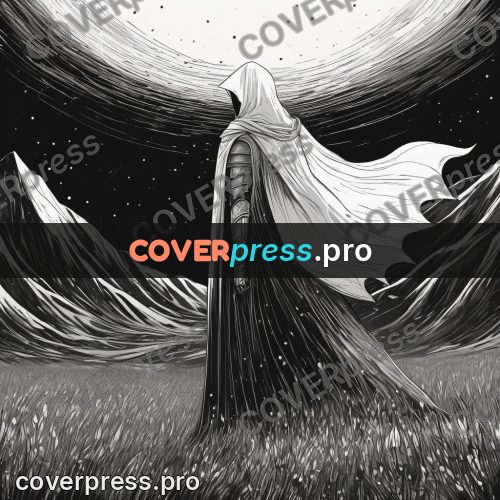 Anime line art: cloaked figure under the sky