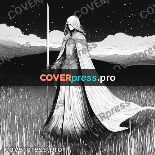 Anime line art: cloaked figure under the sky