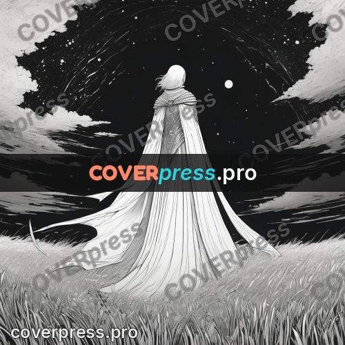 Anime line art: cloaked figure under the sky