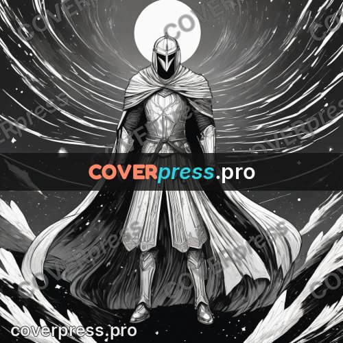 Anime line art: cloaked figure under the sky