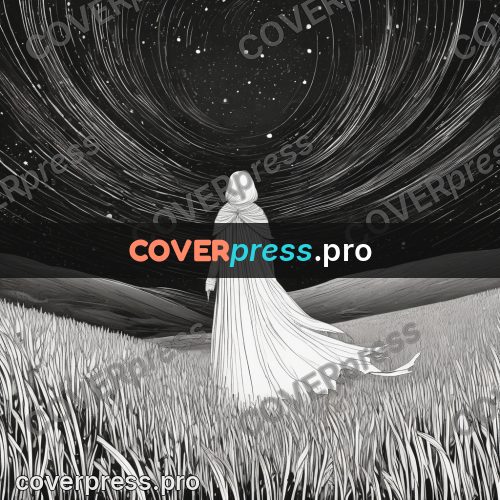 Anime line art: cloaked figure under the sky