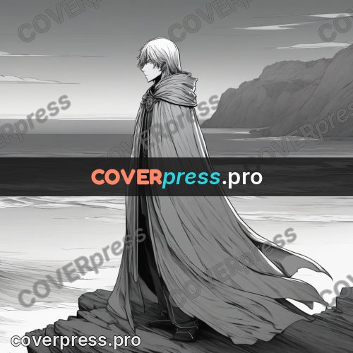 Anime line art: cloaked figure by the sea