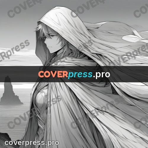 Anime line art: cloaked figure by the sea