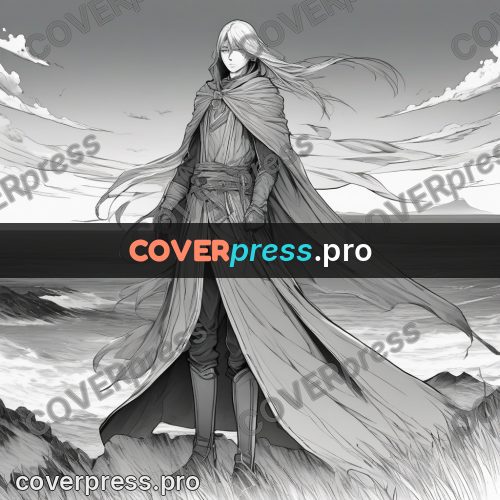 Anime line art: cloaked figure by the sea