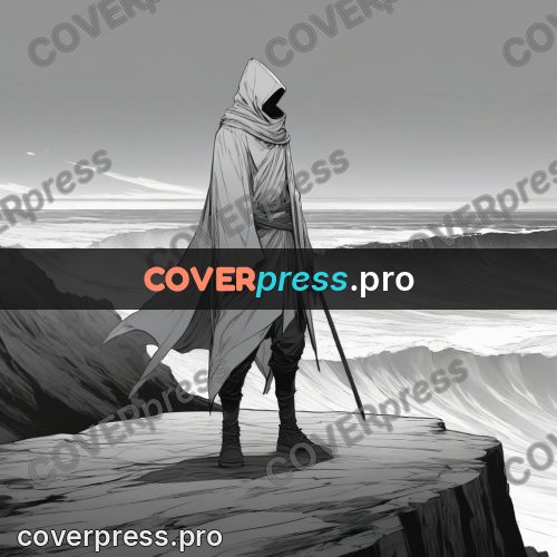 Anime line art: cloaked figure by the sea