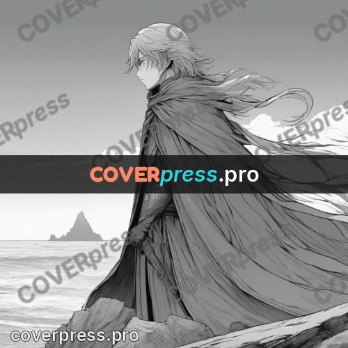 Anime line art: cloaked figure by the sea