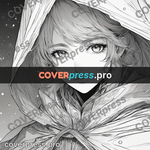 Anime line art: pale-haired figure in a cloak