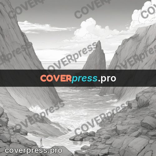 Anime line art: sea cliffs with a figure