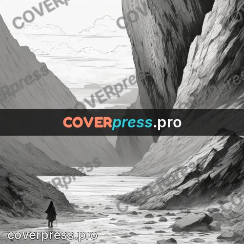 Anime line art: sea cliffs with a figure