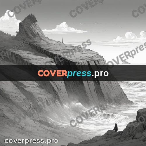 Anime line art: sea cliffs with a figure