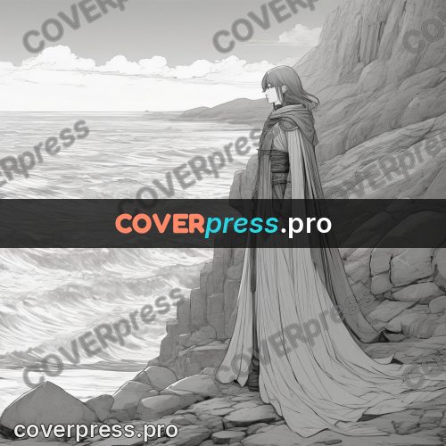 Anime line art: sea cliffs with a figure