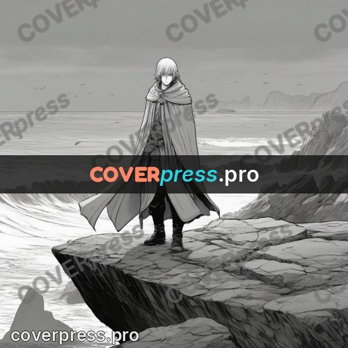 Anime line art: sea cliffs with a figure