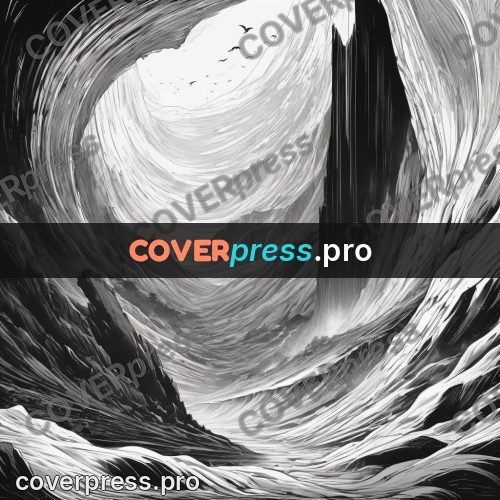 Anime line art: cloaked figure in the mountains