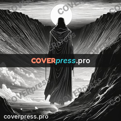 Anime line art: cloaked figure in the mountains