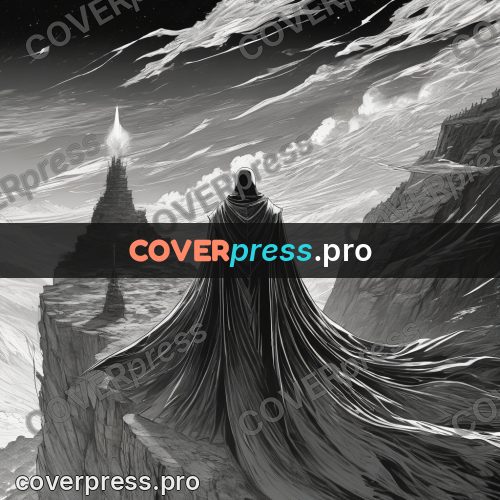 Anime line art: cloaked figure in the mountains