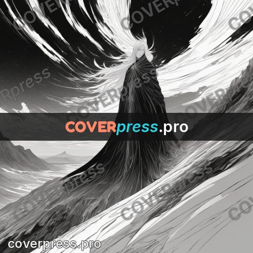 Anime line art: cloaked figure in the mountains