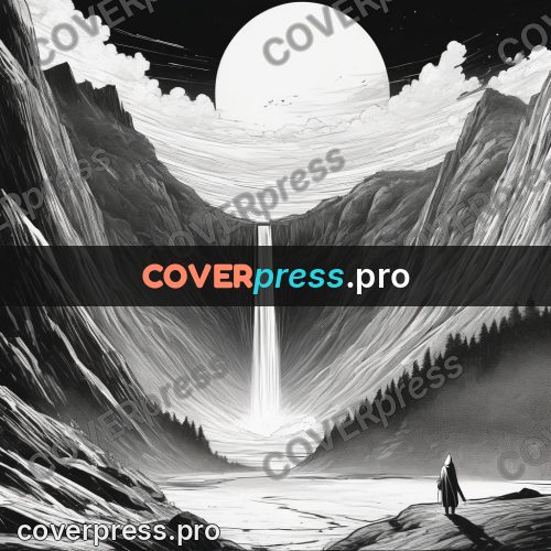 Anime line art: cloaked figure in the mountains