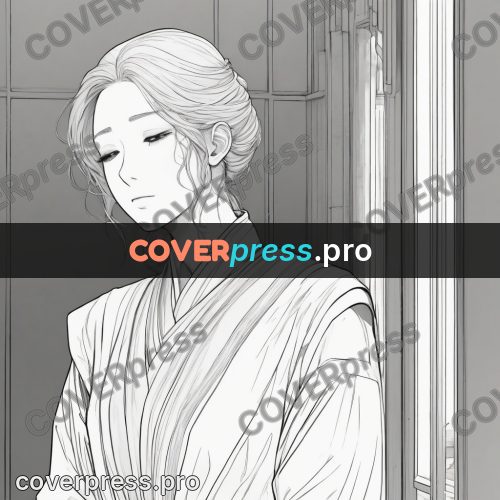 Anime line art: woman by a tall window