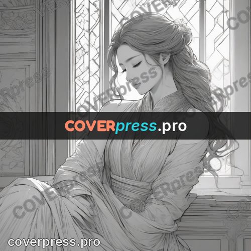 Anime line art: woman by a tall window