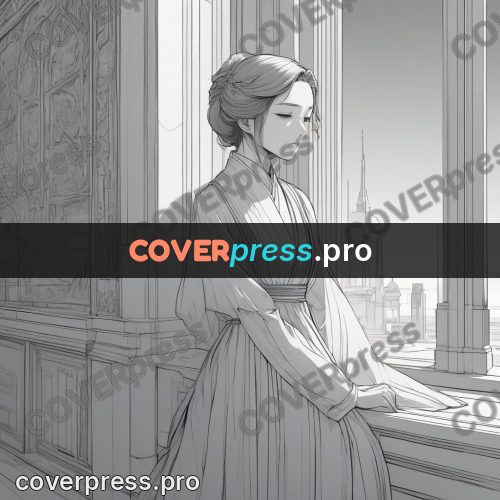 Anime line art: woman by a tall window