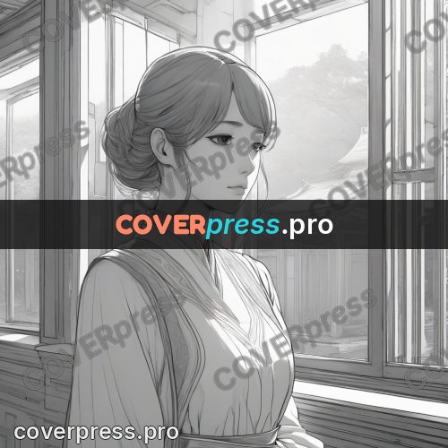Anime line art: woman by a tall window