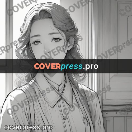 Anime line art: woman by a tall window