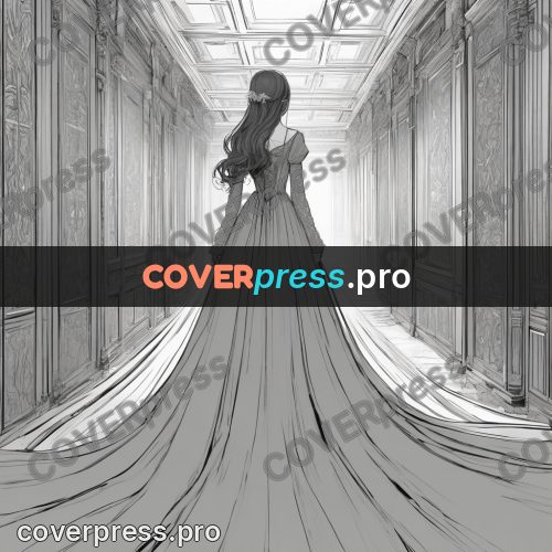 Anime line art: dress with a long train