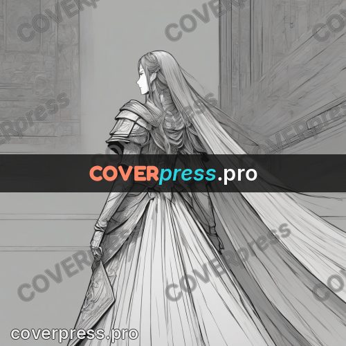 Anime line art: dress with a long train