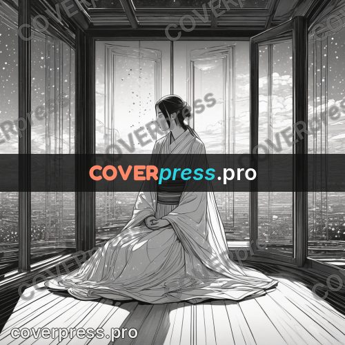 Anime line art: figure seated in a bright hall