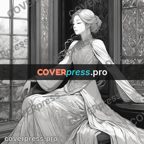 Anime line art: figure seated in a bright hall