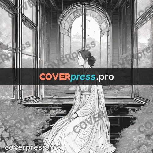 Anime line art: figure seated in a bright hall