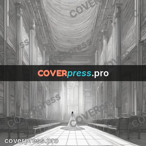 Anime line art: empty hall with a distant figure