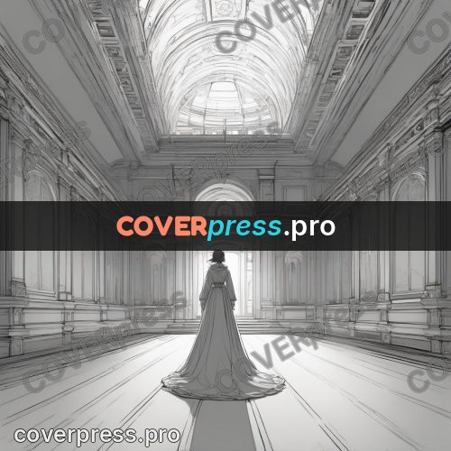 Anime line art: empty hall with a distant figure