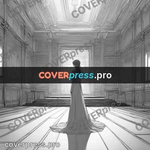 Anime line art: empty hall with a distant figure