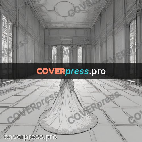 Anime line art: empty hall with a distant figure