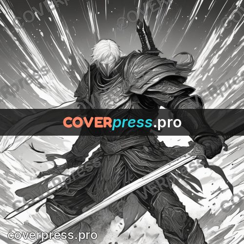 Anime line art: warrior with a sword in motion