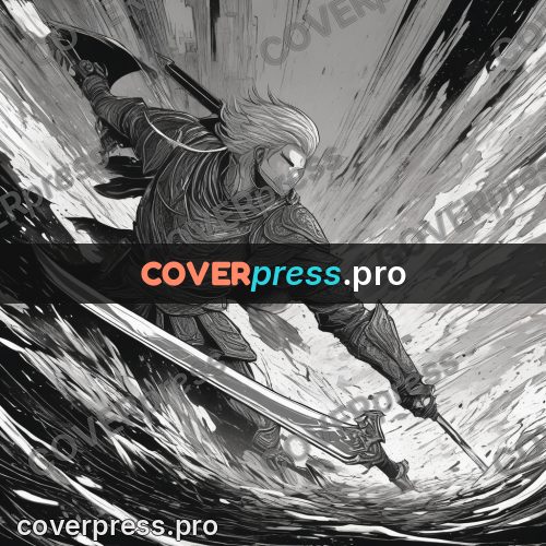 Anime line art: warrior with a sword in motion