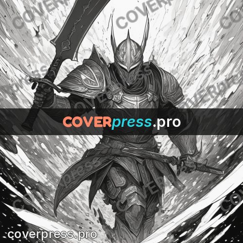 Anime line art: warrior with a sword in motion