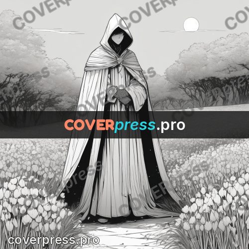 Anime line art: hooded figure in a field