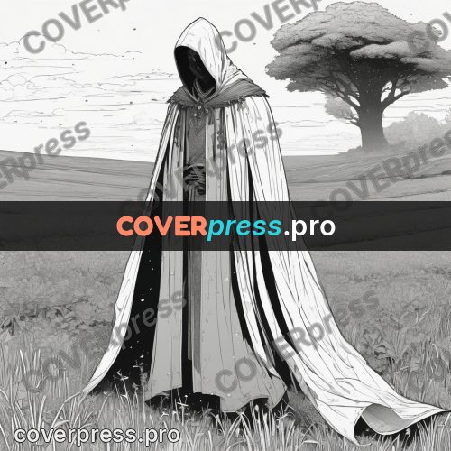 Anime line art: hooded figure in a field