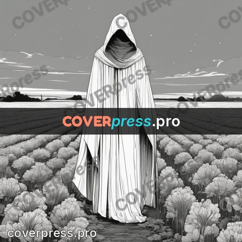 Anime line art: hooded figure in a field