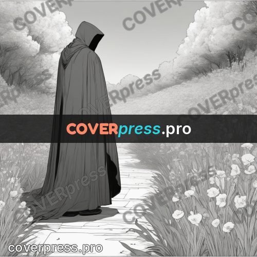 Anime line art: hooded figure in a field