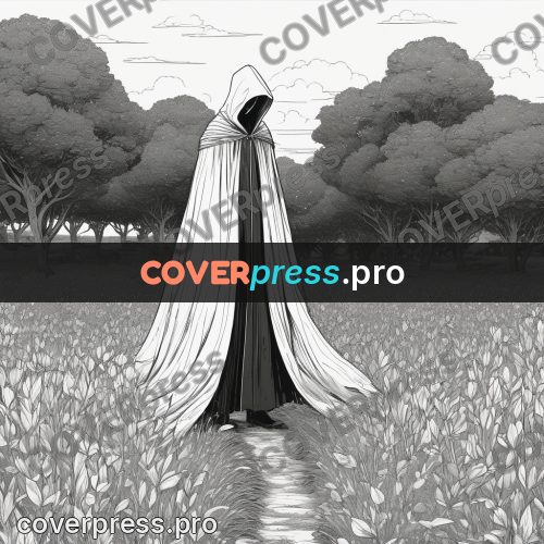 Anime line art: hooded figure in a field