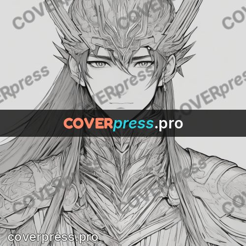 Anime line art: long-haired hero in armour