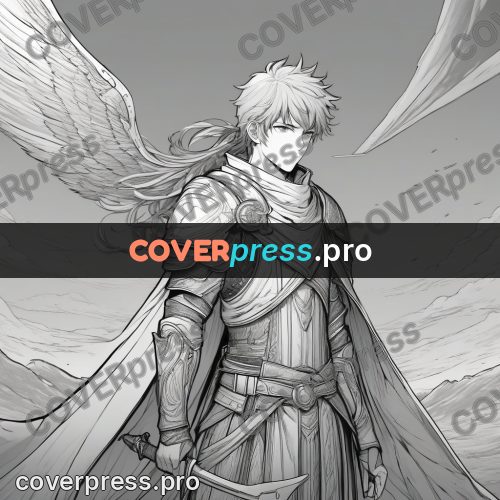 Anime line art: long-haired hero in armour