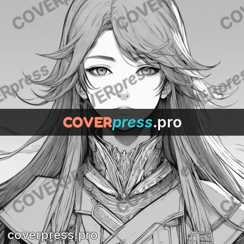 Anime line art: long-haired hero in armour