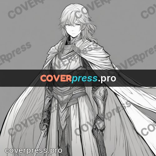 Anime line art: long-haired hero in armour