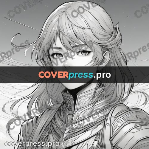 Anime line art: long-haired hero in armour